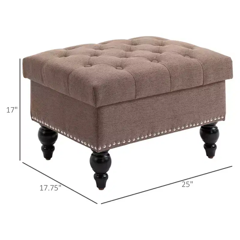 Ottoman with Storage for Living Room, 25 Storage Ottoman with Removable Lid, Button-Tufted Fabric Bench for Footrest and Seat with Wood Legs