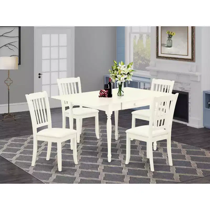 HomeStock 5-Pc Linen White Finish Solid Wood Top - Dining Room Set with Dropleaf - Seats 4