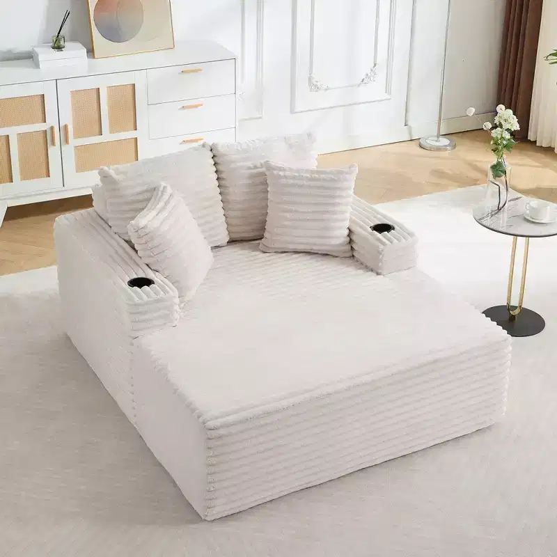 64 Corduroy Convertible Chaise Lounge Chair Sleeper Sofa Bed with Cup Holders & Pillows, Comfy Foam Oversized Couch for Living Room