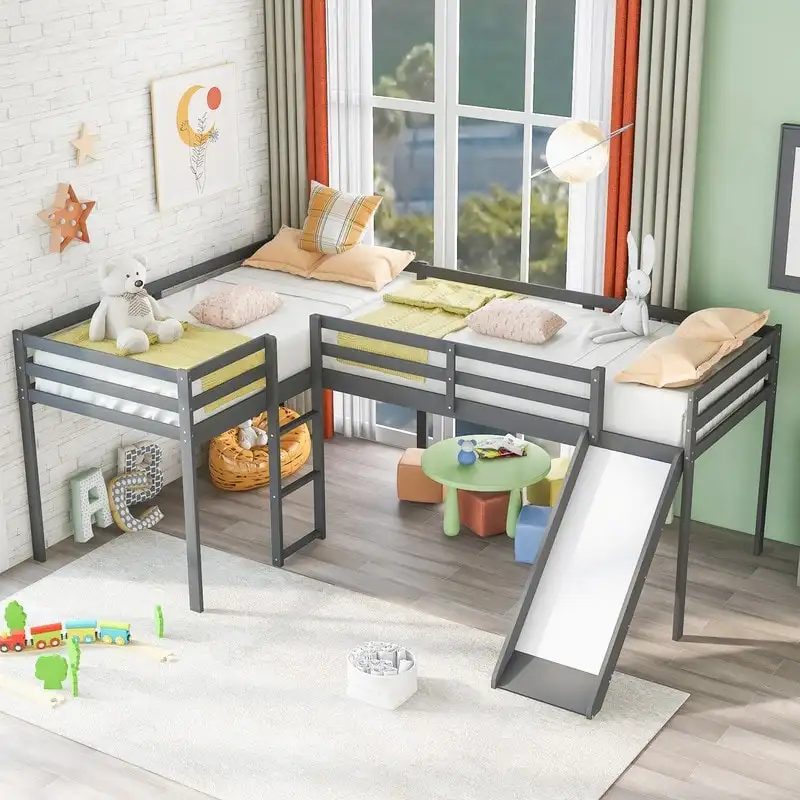 Wooden Twin Size L-Shaped Loft Bed with Ladder and Slide