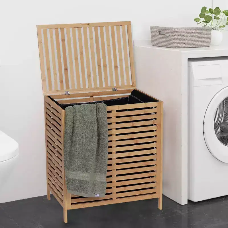 French Home Goods Bamboo Laundry Hamper with Lid, Removable Bag, Slatted Ventilation Design, Large Storage Basket