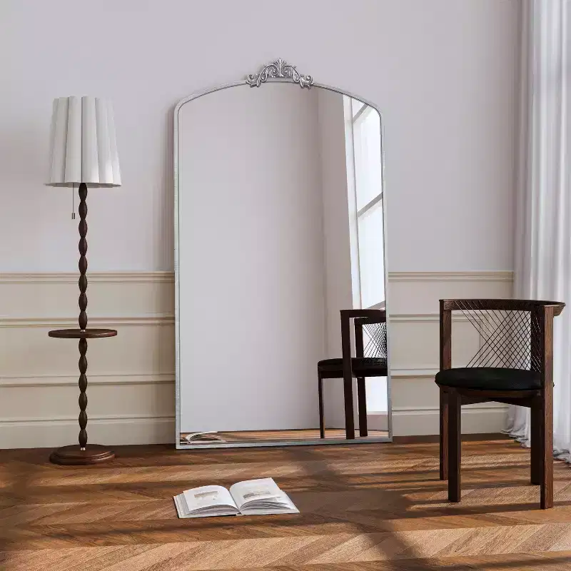 Oversized Arched Full-Length Standing Mirror - Modern Vintage Ornate Frame, Freestanding or Wall-Mounted, Silver