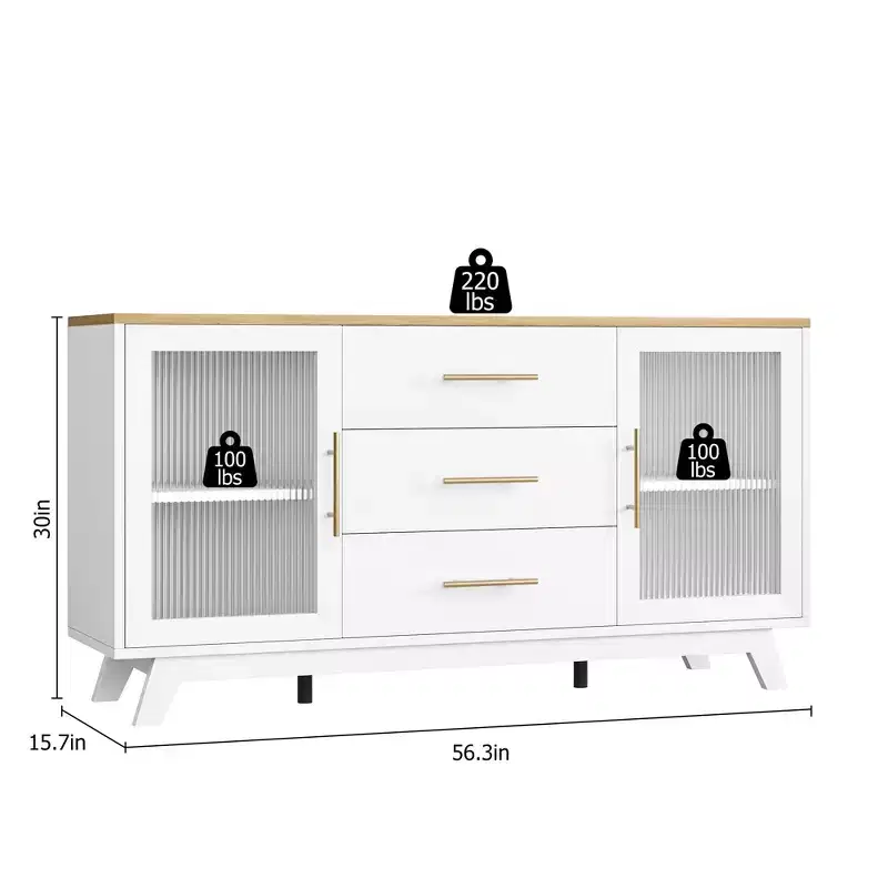 56 Inch Buffet Cabinet Sideboard with Fluted Glass Doors and Gold Handles, Coffee Bar Cabinet with Adjustable Shelves for Dining and Living Room