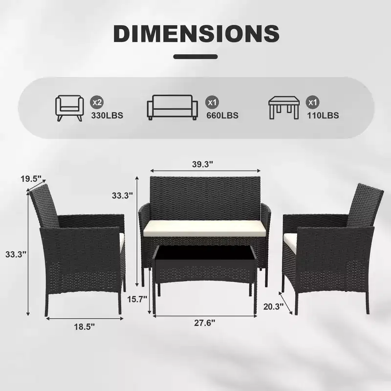 4-Piece Patio Wicker Furniture Set with Glass Coffee Table, Gray Rattan Conversation Set with Washable Cushions for Backyard, Porch & Garden
