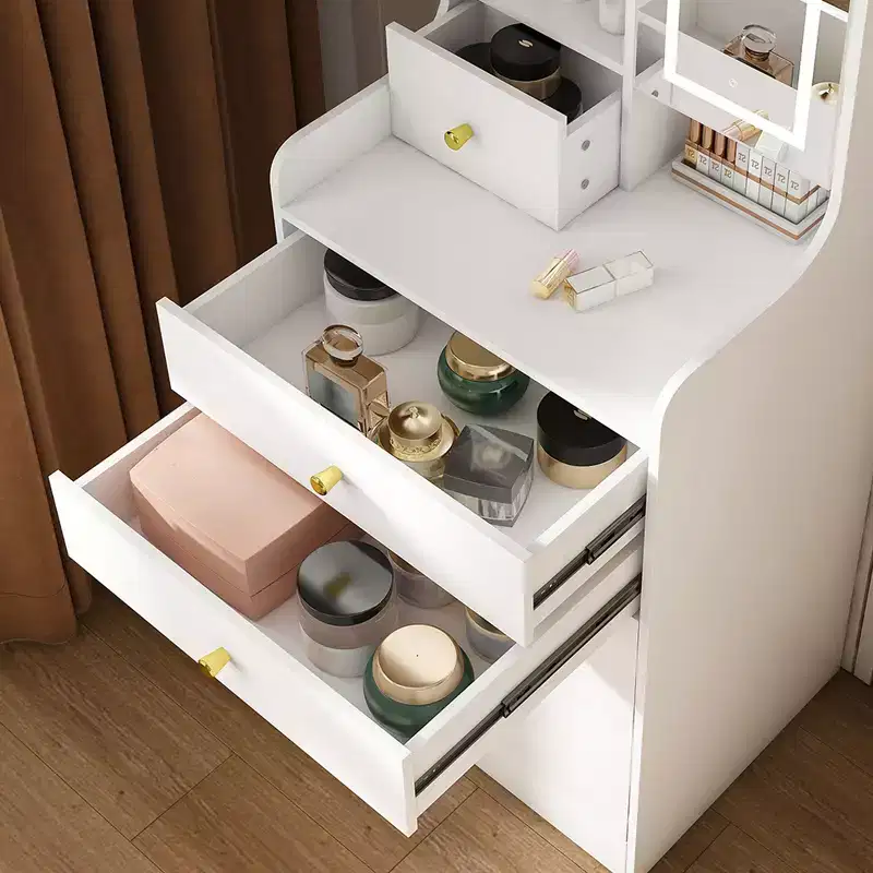 3-in-1 vanity with LED mirror and storage stool - Compact vanity with 4 drawers, storage cabinets, and a hidden stool open bookshelves White