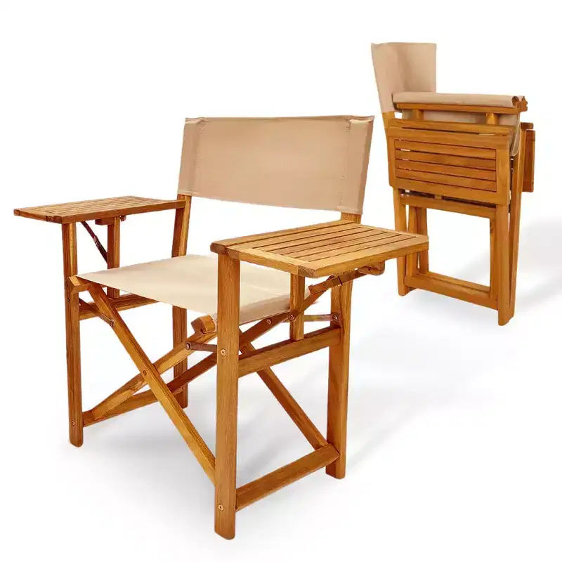 Aspect Living Walker Folding Directors Chair with Side Tables - Natural Finish Wooden Chair, Patio, Poolside, Backyard, Garden - Indoor & Outdoor Use