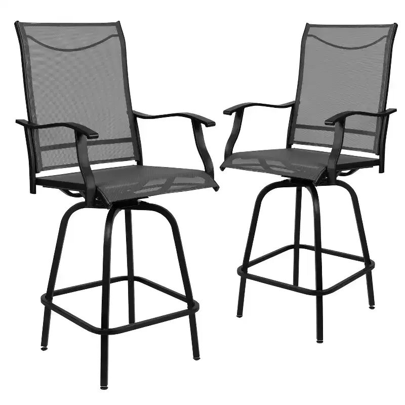 Merrick Lane Set of 2 Brett High Back Bar Height Swivel Patio Stools with Powder Coated Metal Frames and Textilene Upholstery