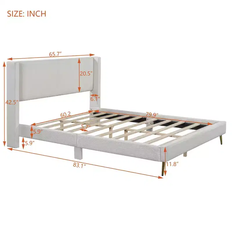Wood Platform Bed Corduroy Upholstered with Wingback Headboard and Vertical Stripe