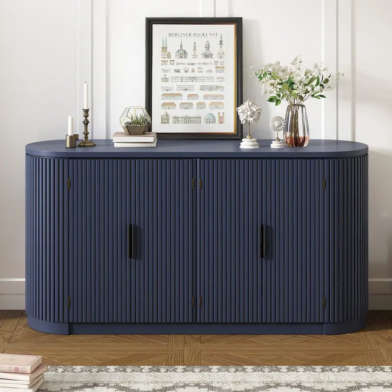Modern Storage Cabinet with Adjustable Shelves, Metal Handles and Vertical Striped Doors