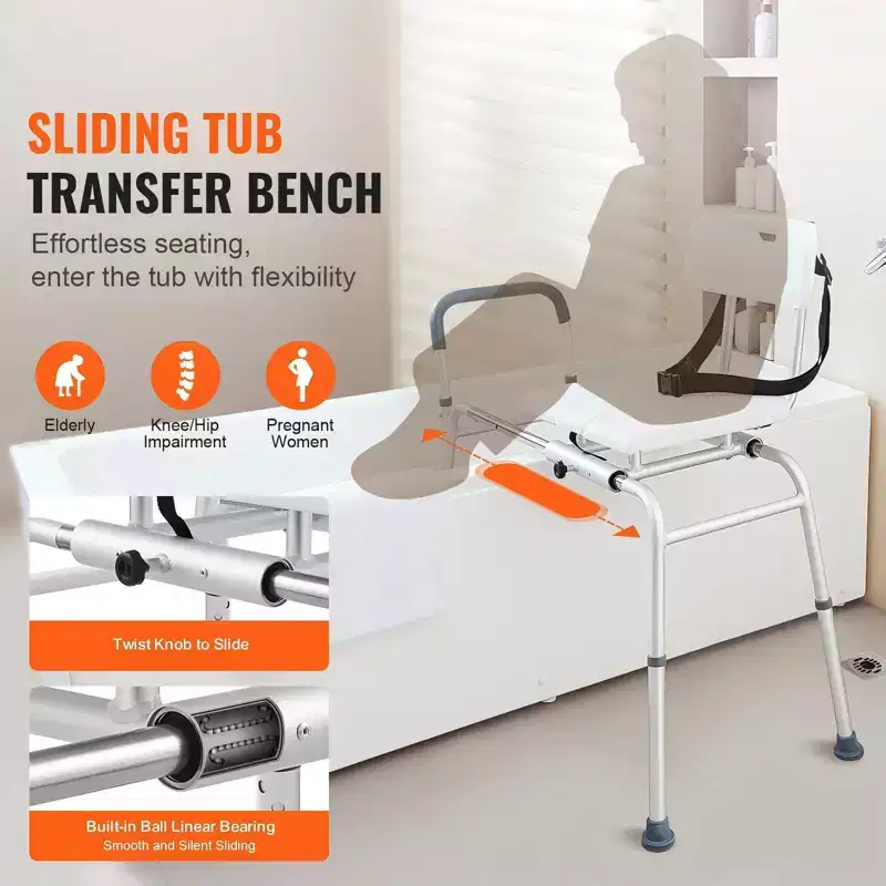 Sliding Tub Transfer Bench with Cut-Out Seat, 400 lbs, 15-Level Height Adjustment