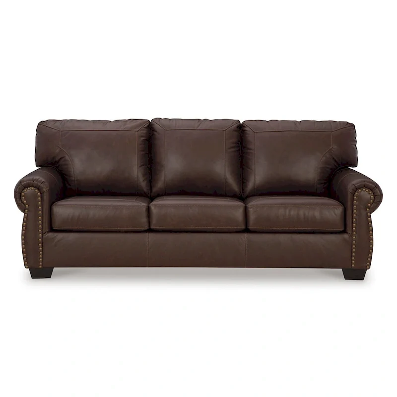 92 Inch Sofa, Nailhead Trim, Cushion Seating, Brown Leather Upholstery