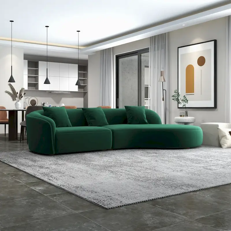 Gold / Dark Green Velvet Curved Tufted Sofa – 2-Seat
