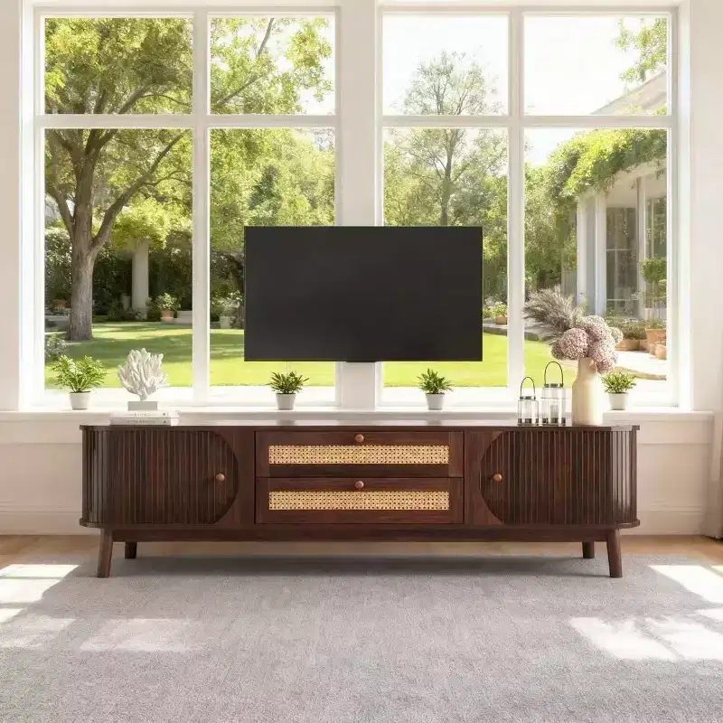 TV Stand with Rattan Drawers and Fluted Doors for Living Room, Walnut
