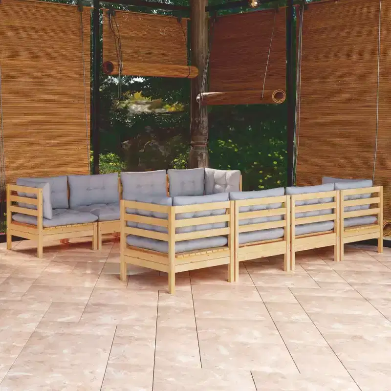 vidaXL Solid Pinewood Patio Lounge Set 9 Piece with Cushions - Brown and Gray