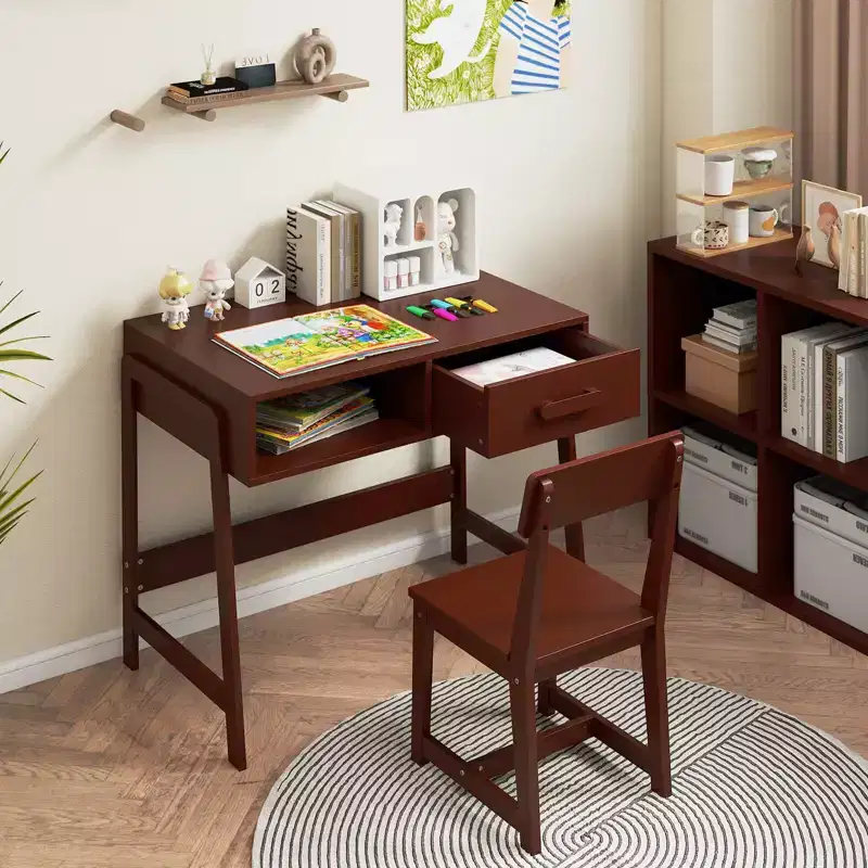 Kids Desk and Chair with Storage Drawer and Hutch, Student Writing Desk Brown/Pink/White/Black