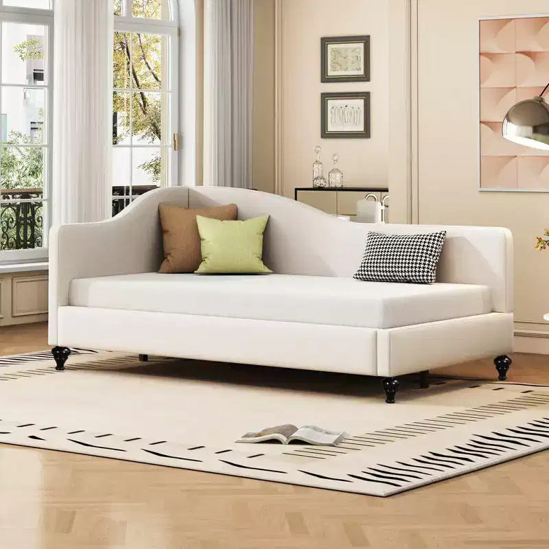 Whisen Stylish L-Shaped Design Solid Wood Legs Linen Daybed