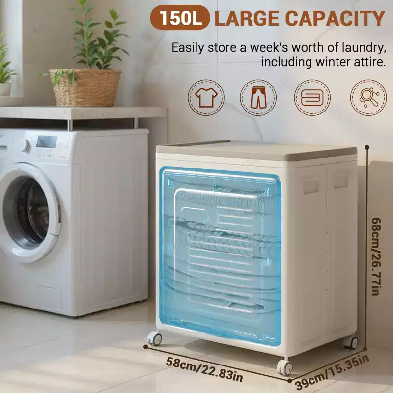 Rolling Laundry Hamper With Lid, Clothes Storage Box Household 123L Large Clothes Capacity Flip Clothing Quilt Storage Box Bedroom Foldable