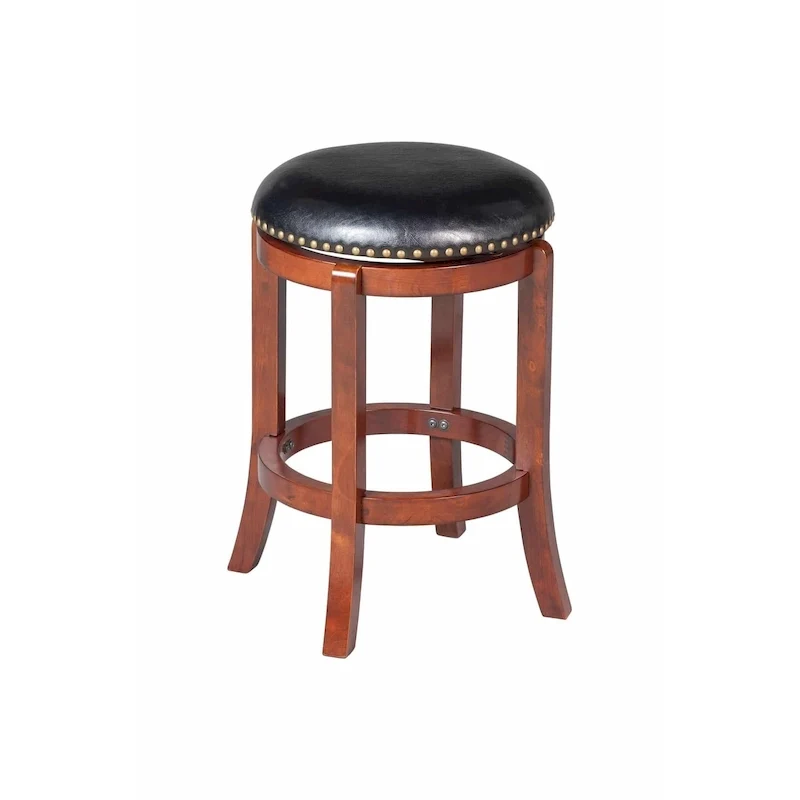 Black Swivel Counter Height Bar Stool, Faux Leather, Nailhead Trim