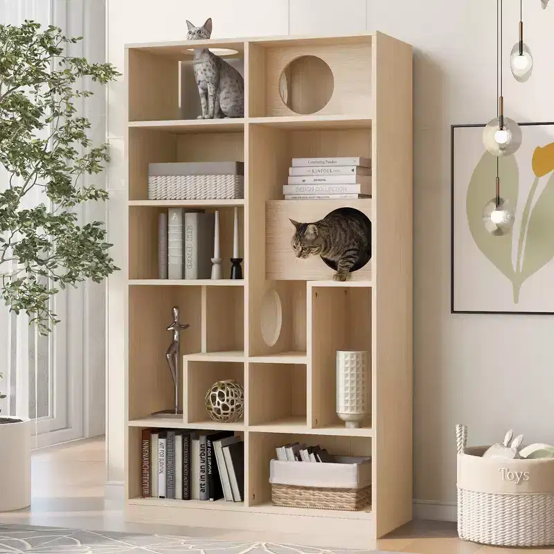 Modern Bookshelf with Cat Litter Box, Display Case with Cat Climbing Shelf, 2-in-1 Bookcase for Living Room, Bedroom, Natural