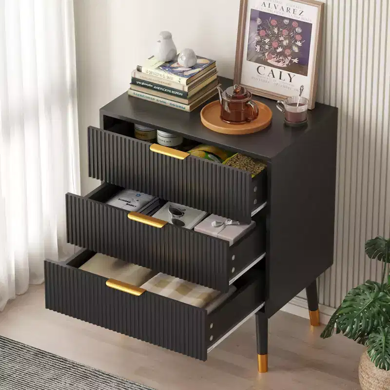 Modern Fluted 3 Drawer Dresser Black, Wood Storage Cabinet with Metal Handles, Accent Chest for Bedroom Hallway Living Room Closet