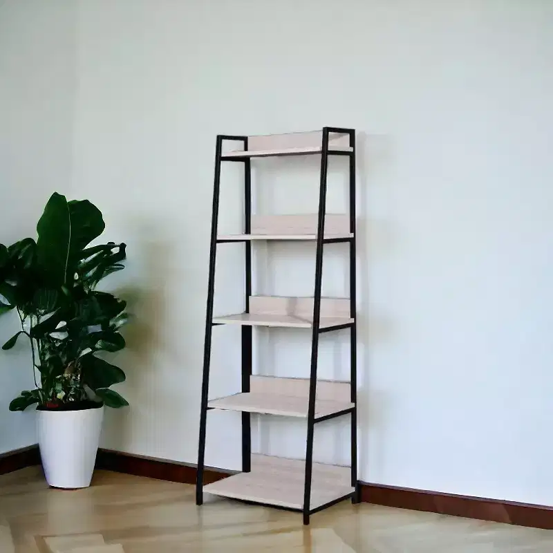 HomeRoots 67 Natural and Black Metal Five Tier Ladder Bookcase
