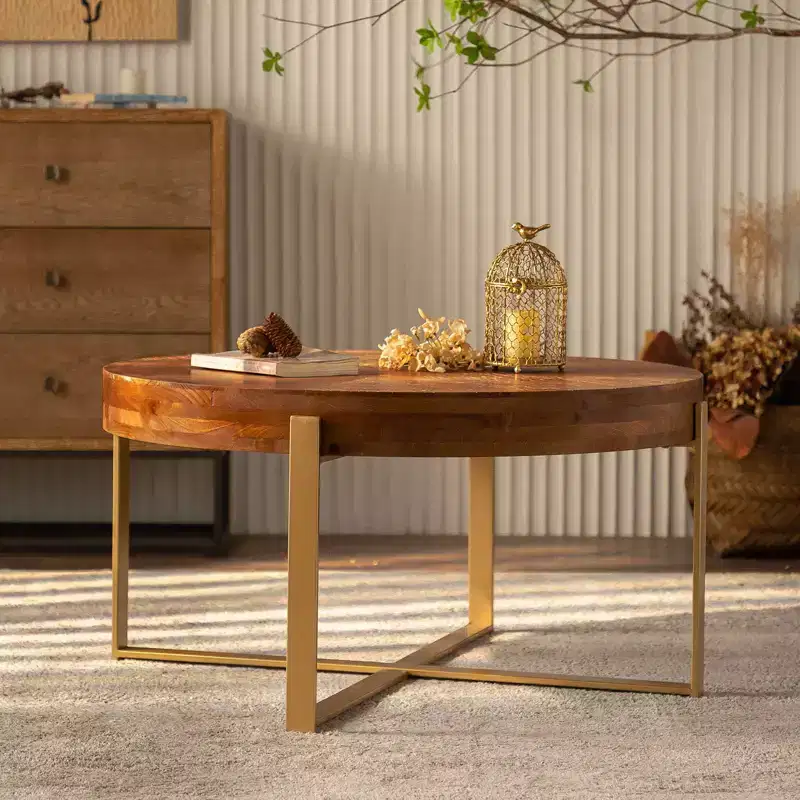 Round Coffee Table with Metal Frame and Wood Tabletop