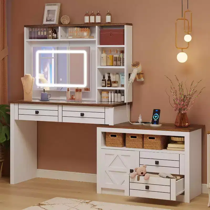 Vanity Desk with Lights, Farmhouse Makeup Vanity Table with Power Strip, Glass Tabletop Vanity Table with 5 Drawers, Vanity Mirror Table for Bedroom
