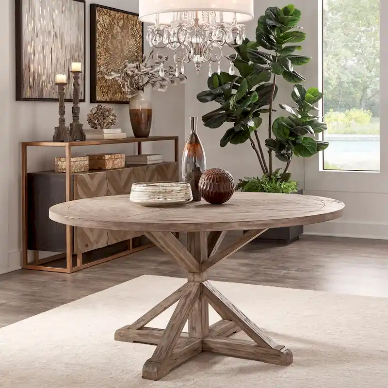 Rustic X-Base Round Pine Wood Dining Table – Distressed Farmhouse Style