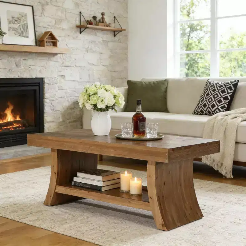 47.2-Inch Farmhouse Coffee Table with Storage Shelf, Mid Century Modern Solid Wood, Curved Base, Walnut