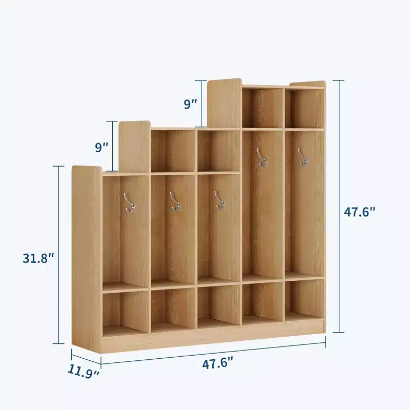 5-Section Classroom Coat Locker with 10 Hooks & 9 Cubbies, Eco-Friendly Wood Finish