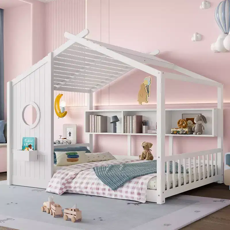 Full Floor House Bed for Kids with Storage Shelf and Roof Design, White