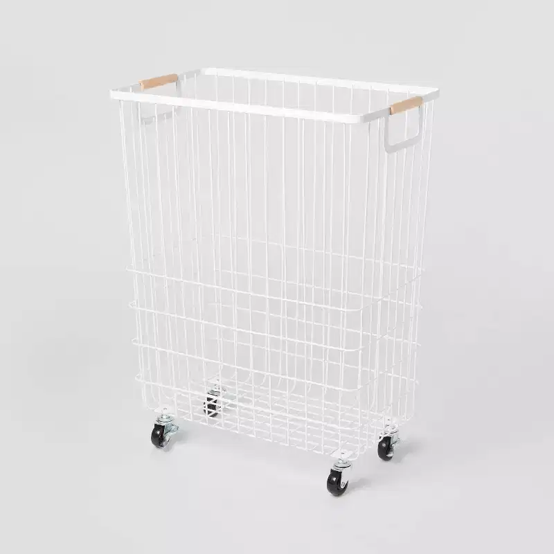 Wire Rolling Laundry Hamper – Rust-Resistant Iron, 4 Wheels, Wood-Finish Handles