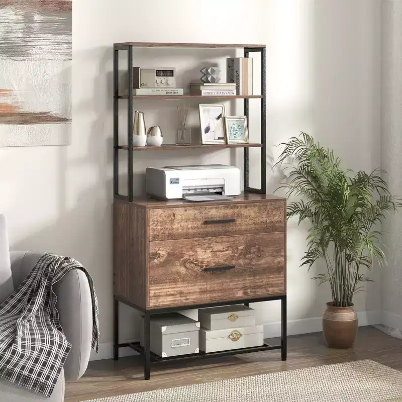 Costway File Cabinet w/ Charging Station 3-Tier Open Shelves & Large Drawer Compatible Rustic Brown