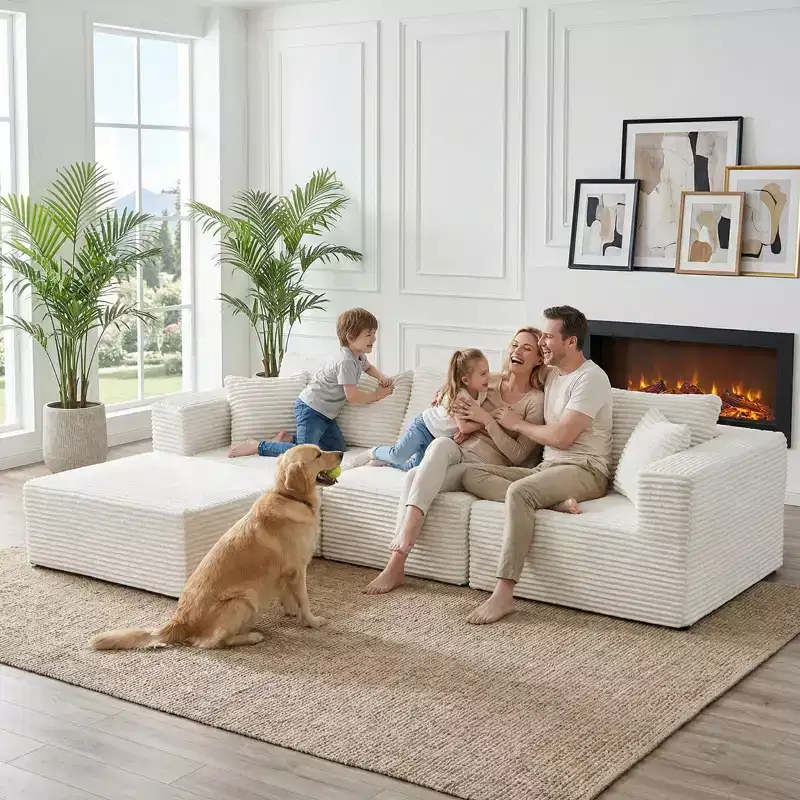 Mjkone Large Modular Sectional Sofa with Chaise, Premium Corduroy, Pet-Friendly, Ivory White