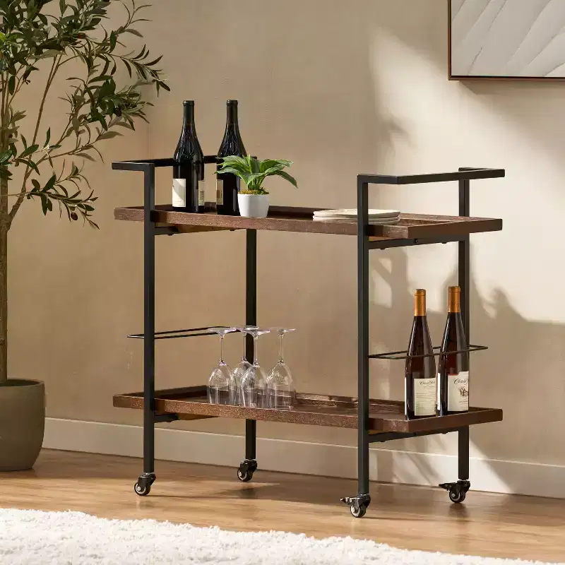 GDFStudio Harrison Industrial Faux Wood and Iron Bar Cart with Wheels