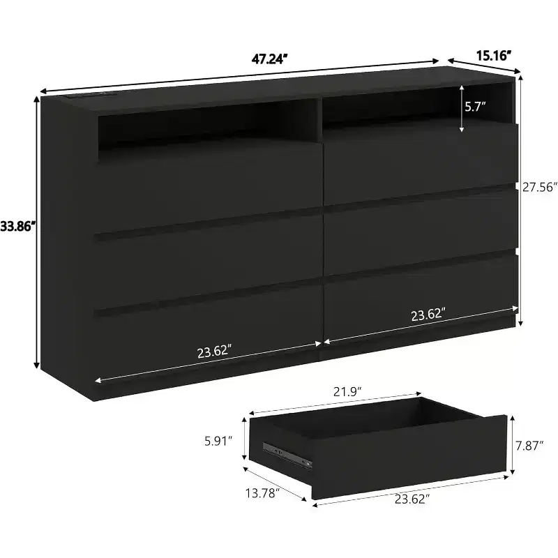 6-Drawer Double Dresser with Power Outlet & LED Lights, Wide Storage Chest with Open Shelving,Black