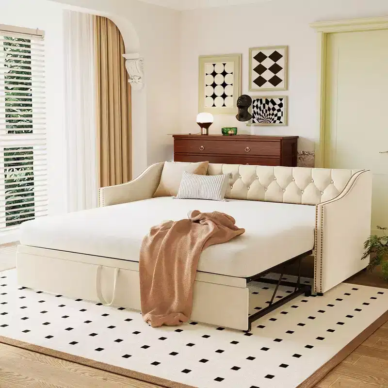 Twin Size Daybed with Pop-Up Trundle, Upholstered Sofa Bed with Backrest