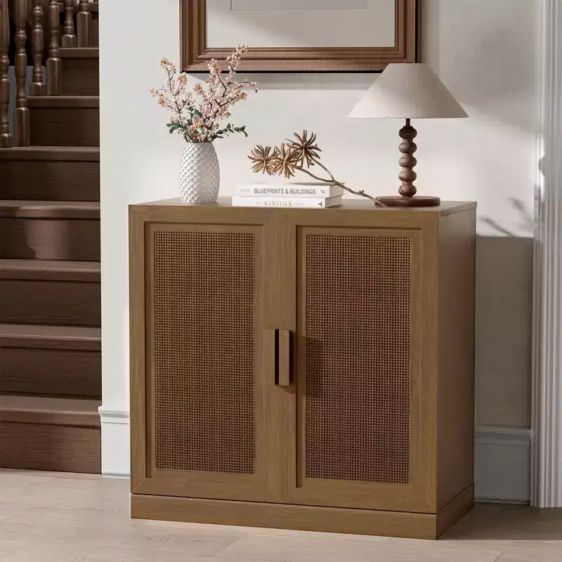 31 in. Tall Wood Grain Storage Cabinet in White, Storage Organizer with 2 Rattan Weave Doors for Bedroom Living/Dinning Room