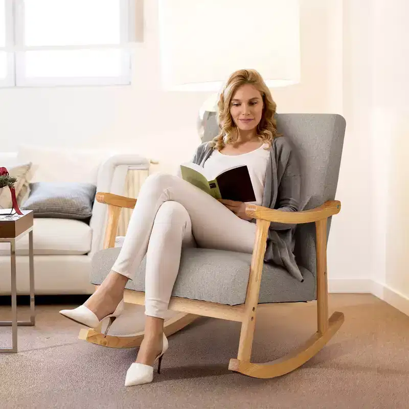 Costway Set of 2 Rocking Chairs with Pillow Rocking Armchairs with Rubber Wood Frame Grey