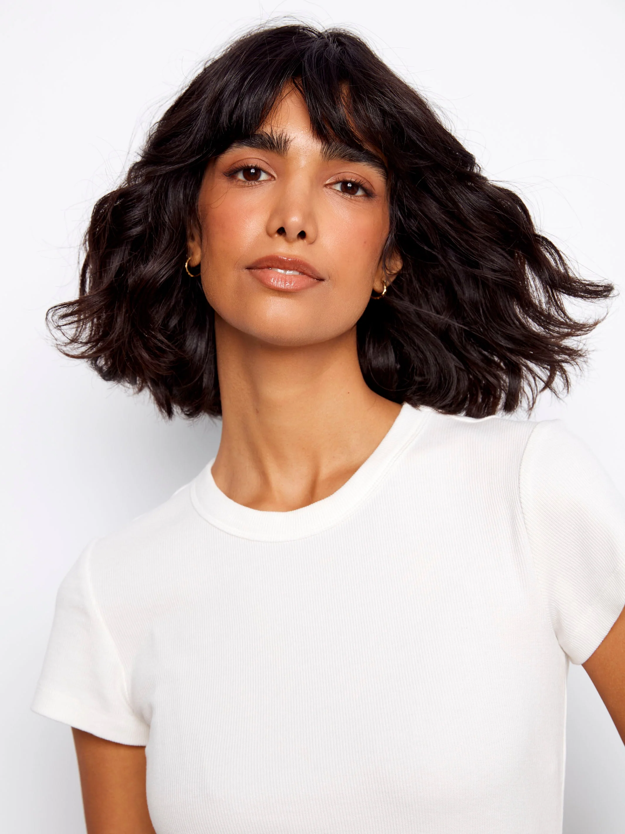 Soft Fabric Ribbed Crew Neck T-Shirt - White