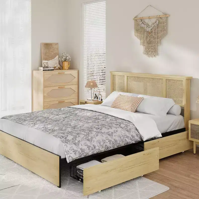Bed Frame with Natural Rattan Headboard, Sturdy Wooden Slats, Metal Platform, Boho Cane Mattress Support, No Box Spring Needed, Stylish