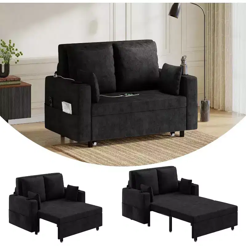 Black/Gray 3-in-1 Convertible Sleeper Sofa, 2-Seater
