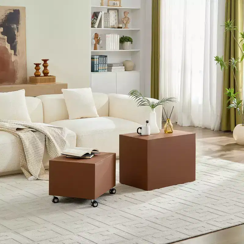 GDFStudio Verdan Modern 2 Piece Saddle Leather and Wood Rectangle Accent Table Set