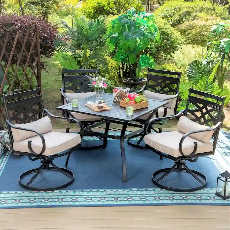MAISON ARTS 5-Piece Outdoor Dining Set Steel Square Table & Elegant Cast Iron Pattern Dining Chairs