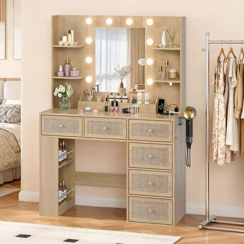 White Particle Board Veneered with Textured Melamine, 6-drawer 3-compartment Double-layer Side Rack, Side Panel Storage Style Dressing Table