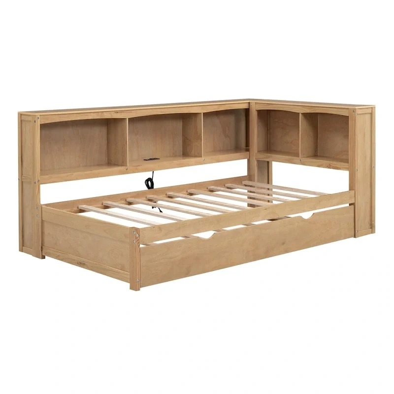 Twin Wooden Daybed with Trundle, Cabinets, and Charging Stations
