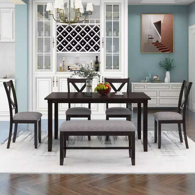 Whisen 6-Piece Wooden Rectangular Kitchen Dining Table Set with 4 Fabric Chairs and Bench
