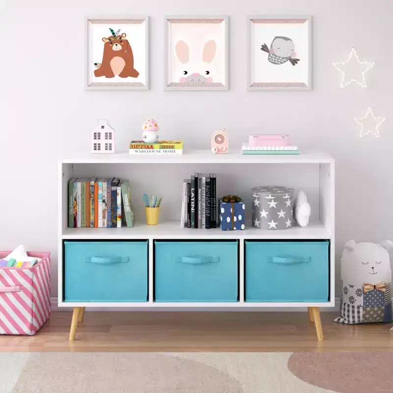 Kids Bookshelf with Collapsible Fabric Drawers and Toy Storage Cabinet, White and Pink