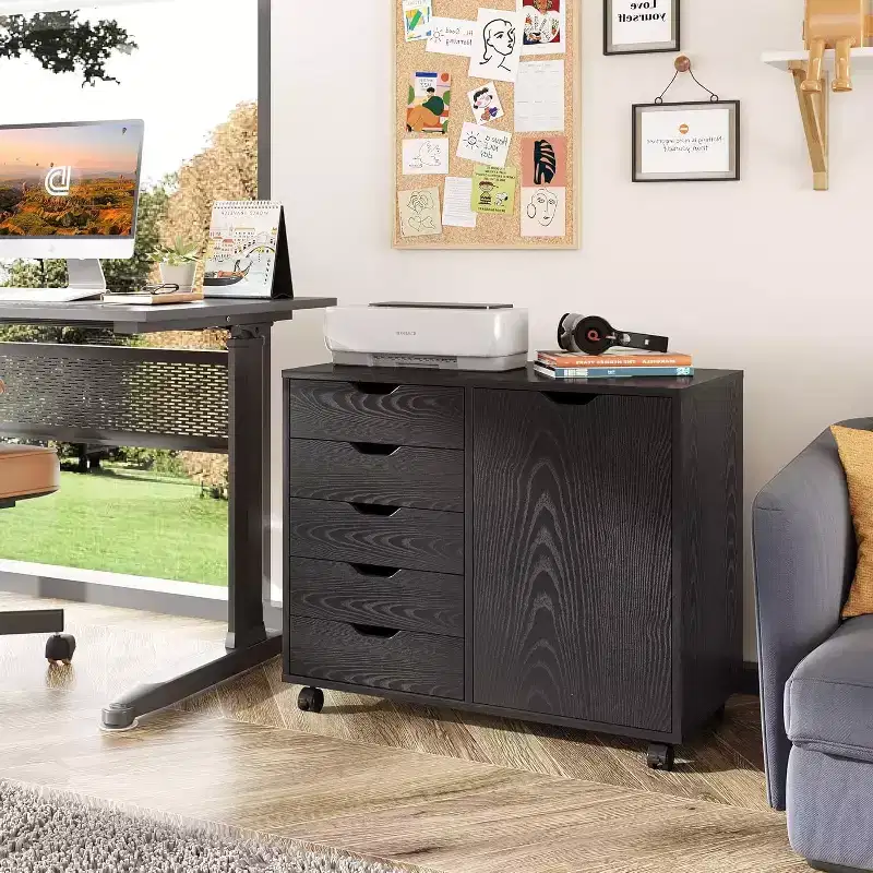 GALAXHERO Mobile File Cabinet 5-Drawer Wood Dresser Chest with Door Mobile Printer Stand for Home Office