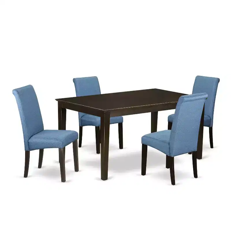 Coastal Kitchen Table Set 5 Piece - Linen Blue Fabric Chairs & Cappuccino Legs - Dining Room Table
